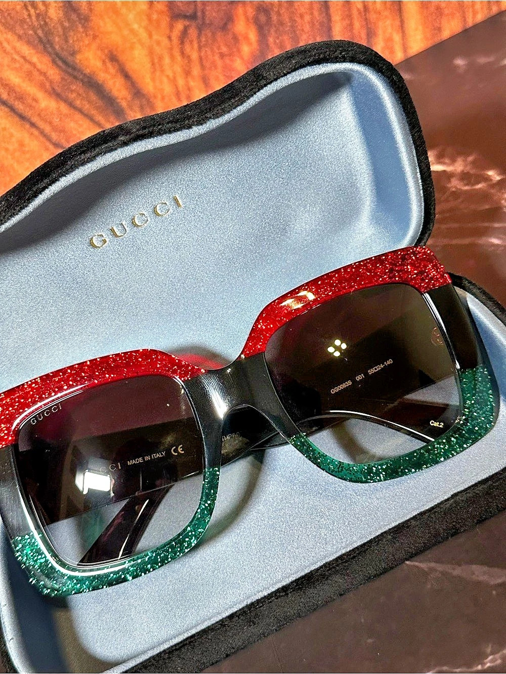 Gucci GG0083S Oversized Square Glitter Sunglasses Black & Red